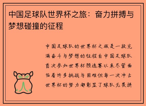 中国足球队世界杯之旅:奋力拼搏与梦想碰撞的征程